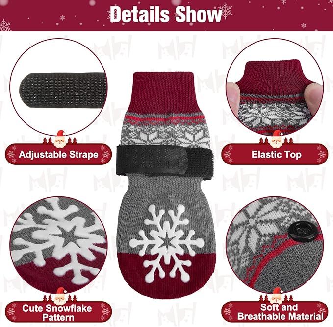 BEAUTYZOO Christmas Winter Anti-Slip Dog Socks with Grips Traction Control for Small Medium Large Dogs, Non Skid Indoor Double Side Pet Paw Protector for Hardwood Floor Wear, Snowflake