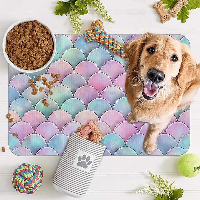 Pink Mermaid Scale Pet Feeding Mat,Absorbent Quick-Dry Cat Dog Food and Water Bowl Mats,Non-Slip Rubber Backing Mat,Cat Dog Accessories Supplies 16"x24"