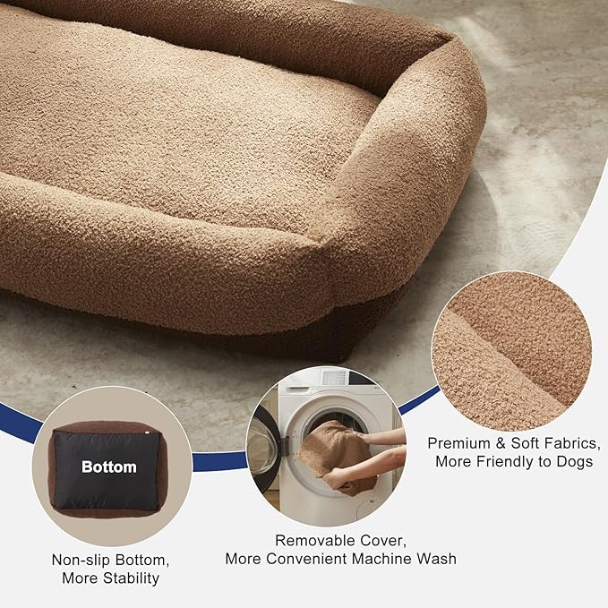 FURTIME Washable Dog Bed Large Sized Dogs, Washable Comfy Fluffy Large Dog Bed, Removable Zipper Cover Machine Wash, Soft Orthopedic Bed Durable Pet Cuddler with Anti-Slip Bottom, 36"x27"x8", Brown