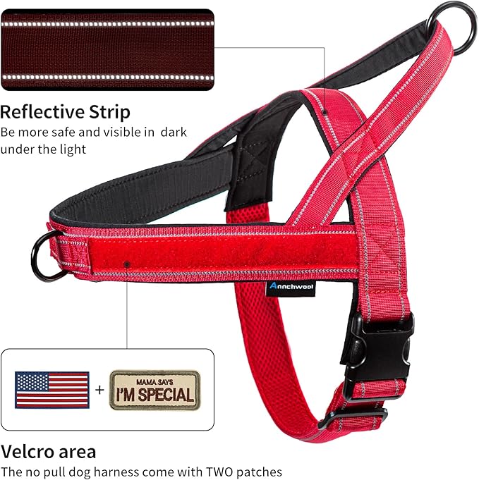Annchwool No Pull Dog Harness with Soft Padded Handle-Reflective Strip Escape Proof and Quick Fit to Adjust Dog Harness-Easy for Training Walking for Small & Medium and Large Dogs(Red,XS,1 in Width)