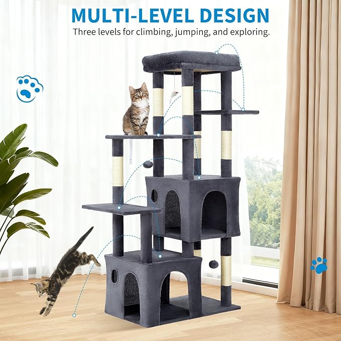 Cat Tree - 157cm Tall, Sisal Wrapped Scratching Post, Cat Nest, Hanging Ball, Extended Platform