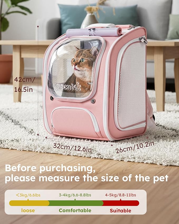 Pecute Cat Backpack Carrier, Large Space Cat Bubble Backpack, Breathable Cat Carrier, Shaded Dog Backpack Carrier, Ergonomic 3D Design for Travel, Hiking, Suitable for Shopping, and Vet, Pink