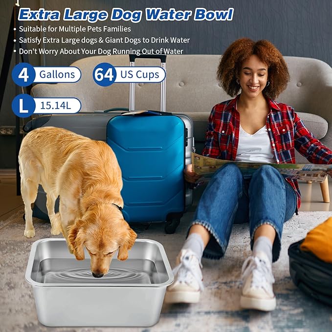 BWOGUE 4 Gallons Extra Large Dog Water Bowl for Large Dogs, Outdoor Stainless Steel Dog Bowl, High Capacity Pet Water and Food Bowls for Large, X-Large Giant Dogs, 1 Pack