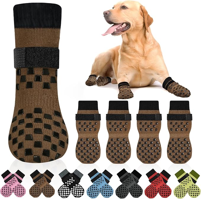 Non Slip Dog Socks to Prevent Licking Paws Grippy Socks for Senior Dog on Hardwood Floors Anti Slip Dog Socks for Hot Pavement Double Side Paw Protector Prevent Scratching Brown S
