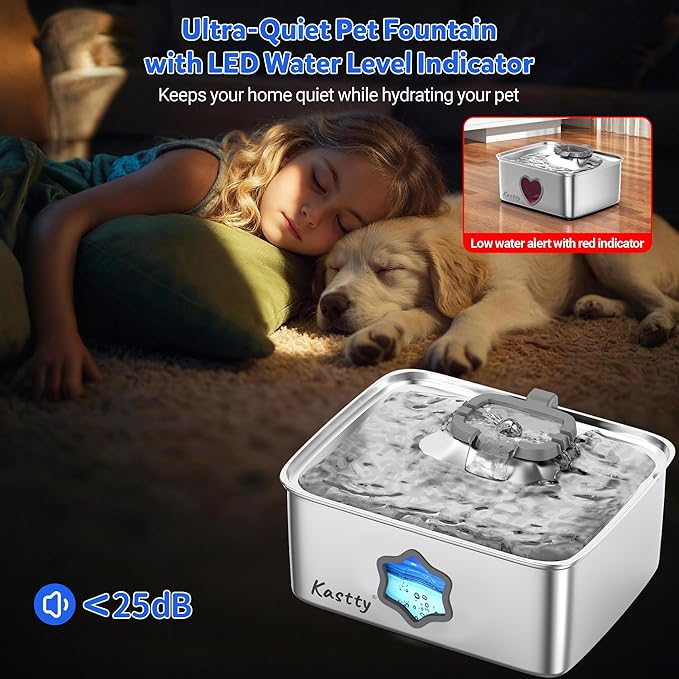 Kastty Large Dog Water Fountain, 15L/4Gal Stainless Steel Pet Water Bowl Dispenser with Visual Window, Dual-Color LED, Ultra Quiet, Automatic Water Fountain for Large Medium Dogs & Multi-pet, FS81