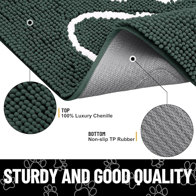 Smiry Dog Door Mat for Muddy Paws, Absorbent Dirt Trapper Non Slip Quick Dry Washable Chenille Mat for Mud Dogs, Entry Rug for Indoor and Outdoor (40x32 Inches, Green and White)