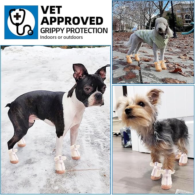 Dog Shoes for Small Dogs, Fleece Dog Boots Paw Protector for Comfort and Warmth, Dog Booties with Anti-Slip Sole for Winter Snow Hardwood Floors Walking Brown Size 2