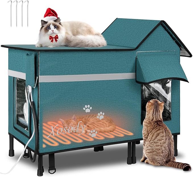 Heated Cat House for Outside Cats- 100% Weatherproof Insulated Outdoor Cat House with Heating Pad, Elevated Base & Safe Escape Door, Warm Kitty Shelter for Feral or Stray Cats in Winter