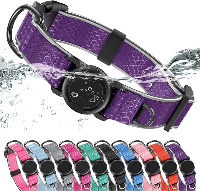 WhoseID Airtag Dog Collar | with Waterproof Air Tag Holder | QR Code Pet ID | Durable Comfortable Oxford Padded | Reflective Collar | for Small Puppy Dogs(Purple,S,10''~16'')