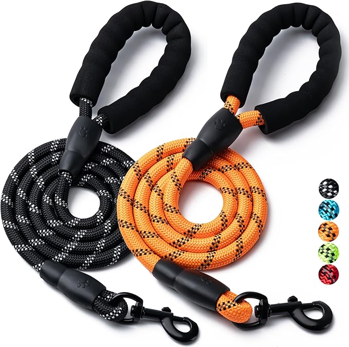 2 Pack Dog Leash, 4/5//6 FT Heavy Duty Nylon Rope Pet Leashes with Comfortable Padded Handle, Reflective Dog Leashes for Small Medium and Large Dogs (5FT-3/8,Black/Orange)