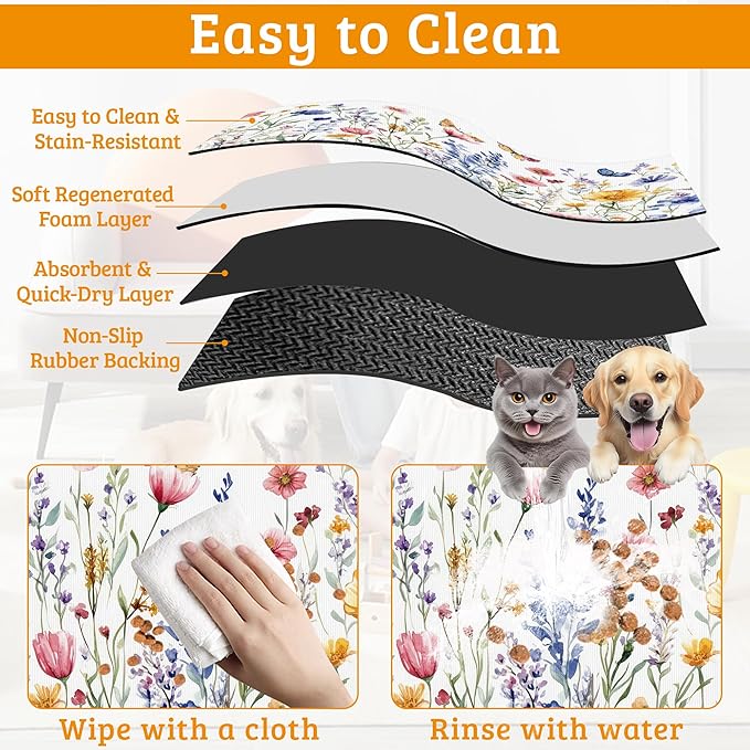 Flowers Butterfly Dog Food Mat,Colorful Absorbent Pet Feeding Mat for Food and Water Bowl,Quick Dry Dog Placemat Non Slip Rubber Backing Waterproof Pet Supplies 16" x 24"
