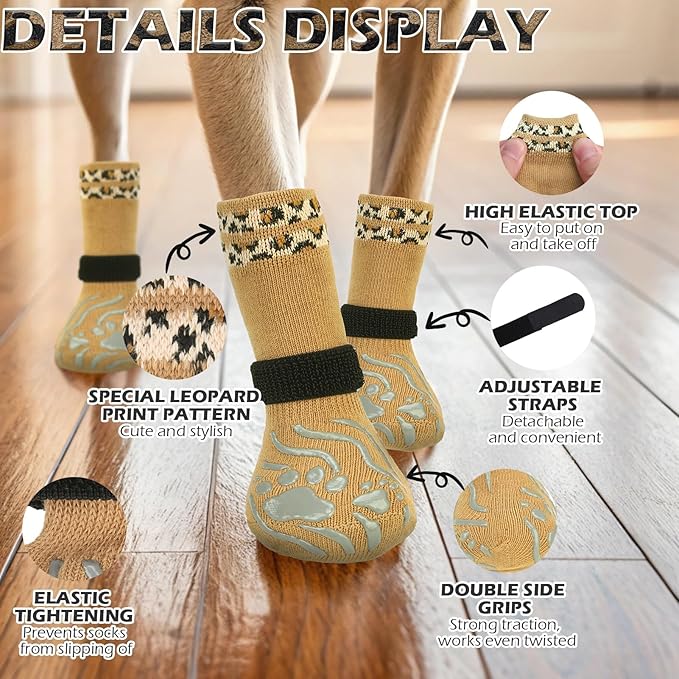 EXPAWLORER Dog Socks for Cold Winter Snow to Prevent Licking Paws, Anti Slip Doggie Grippy Booties Shoes for Hardwood Floors, Boots & Paw Protectors for Small Medium Large Senior Dogs Khaki M