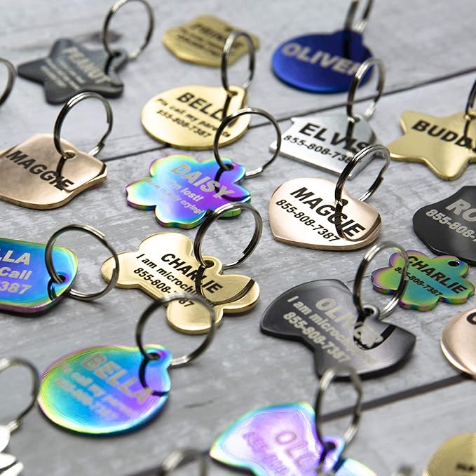 Engraved Dog Tags Personalized - Stainless Steel Engraved Dog Cat ID Tags Front & Back up to 8 Lines of Text Color Plating Gold, Rose Gold, Blue, Black, Nebula Round Regular