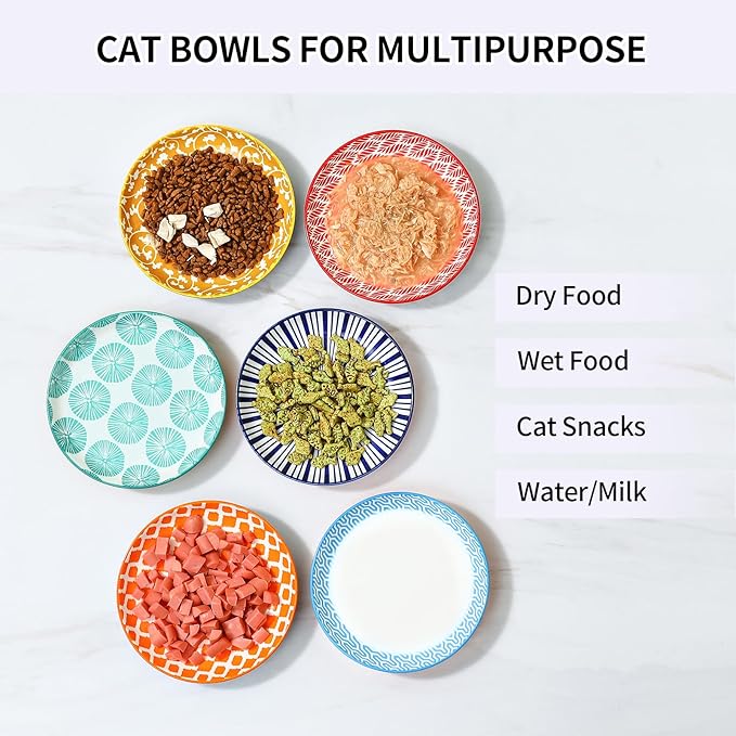 Selamica Ceramic Cat Bowls, 6 Inch Wide Shallow Cat Food Bowl for Relief Whisker Fatigue, Set of 6, Assorted Colors