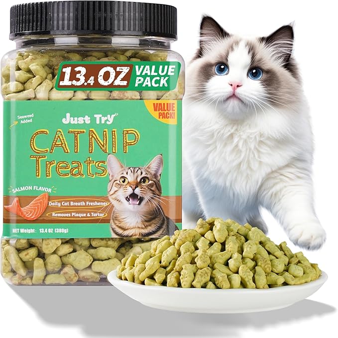 Just Try 13.4 OZ Crunchy Cat Treats Catnip Treats for Cats with Digestive Support, Natural Ingredients Kitten Treats with Real Salmon, Healthy Feline Snacks Training Biscuits Dental Care