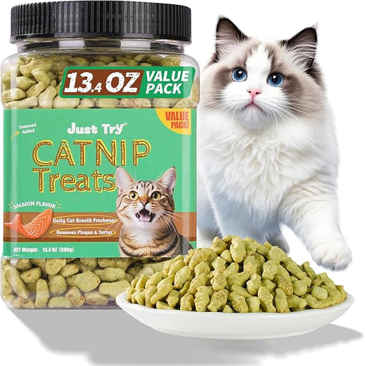 Just Try 13.4 OZ Crunchy Cat Treats Catnip Treats for Cats with Digestive Support, Natural Ingredients Kitten Treats with Real Salmon, Healthy Feline Snacks Training Biscuits Dental Care