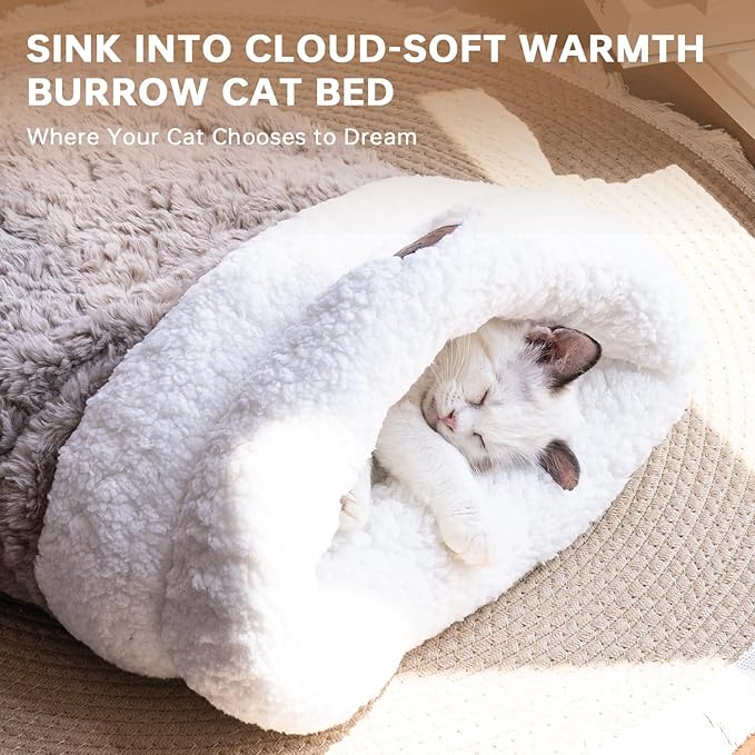 Cat Sleeping Bag 5 in 1 with Zipper Cute Self Warming Cat Bed Cave with Plush Portable Snuggle Sack/Hideway for Indoor Cats & Small Pets Coffee 21×17 Inch