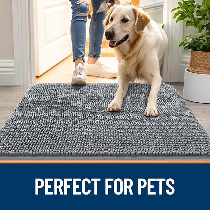 OLANLY Dog Door Mat for Muddy Paws 47x17, Absorbs Moisture and Dirt, Absorbent Non-Slip Washable Doormat, Quick Dry Chenille Mud Mat for Dogs, Entry Indoor Entryway Carpet for Inside Floor, Grey