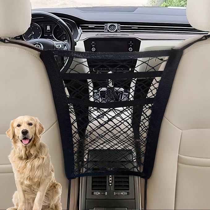 Dog Car Net Barrier 3-Layer– Stretchable Dog Car Barrier & Pet Divider Dog Barrier for Car Back Seat with Storage Mesh – Easy Install, Safer Driving with Pets & Kids – Fits Most Cars & SUVs (Style 1)