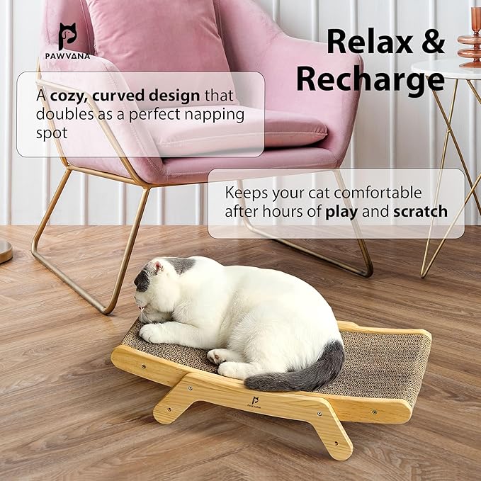 Cat Scratching Board, 3-Position Corrugated Cardboard Cat Scratcher & Lounger with Natural Wood Frame. Large Cats Scratch Pad & Bed for Kittens & Adults. Cat Enrichment & Furniture Protector