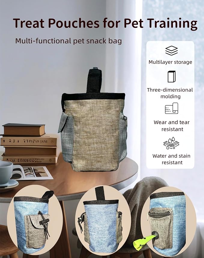 4-in-1 Dog Treat Pouch-3-Way Waterproof Cationic Linen Bag with Side Pockets & Compact Design Holds 3 Cups for Outdoor/Hiking with Poop Bag, Adjustable Belt & Silicone Flying Disc (Blue)