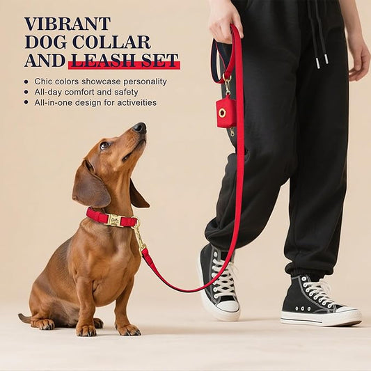 PET ARTIST Personalized Dog Collars, Colorful Red Custom Dog Collar with Silent Engraved ID Tag, Lightweight Breathable Nylon & Soft Padded, Matching Leash & Poop Bag for Medium Dogs,M Fit 13-20"