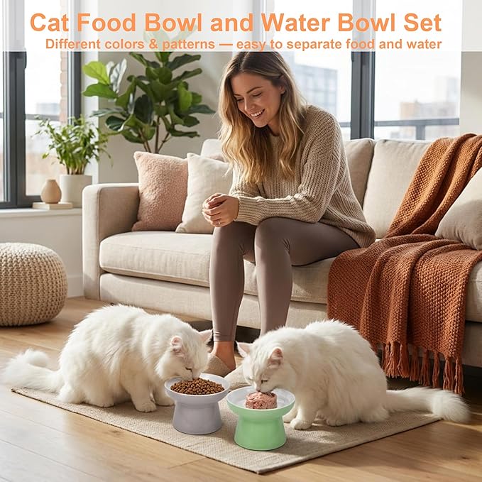 Elevated Cat Bowls,2 Pcs Ceramic Raised Cat Food Bowls with Non-Slip Base,Whisker-Friendly Shallow Design,Lead & Cadmium Free Pet Feeder,Dishwasher and Microwave Safe (Green&Light-Grey)
