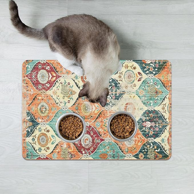 Dog Food Mats for Floors Absorbent, Cat Food Mat - Pet Cat Feeding Mat Quick Dry, Dog Bowl Mats for Water, Pet Supplies Feeding Placemat 12" x 20"Orange