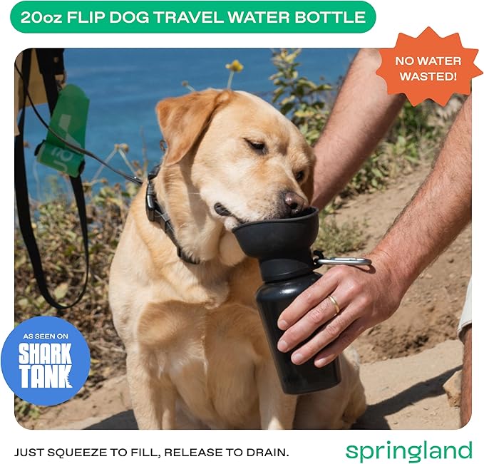 Springer by Springland Flip Portable Dog Water Bottle with Foldable Food Grade Silicone Bowl - 20 Ounce Travel Dog Water Bottle Ideal for Camping - Easy Squeeze Hydration & Release to Drain