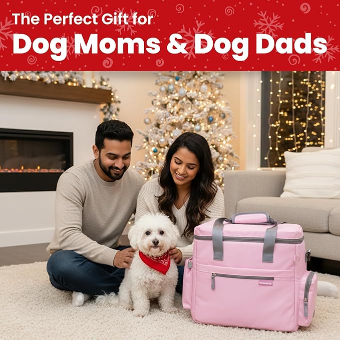 The Original Doggy Bag™- Dog Travel Bag for Supplies - Ultimate Gift for Dog Moms & Dads, Doggy Lovers & Pet Owners for Christmas- Includes 2 BPA-Free Travel Bowls and 2 Food Containers: Lt. Pink