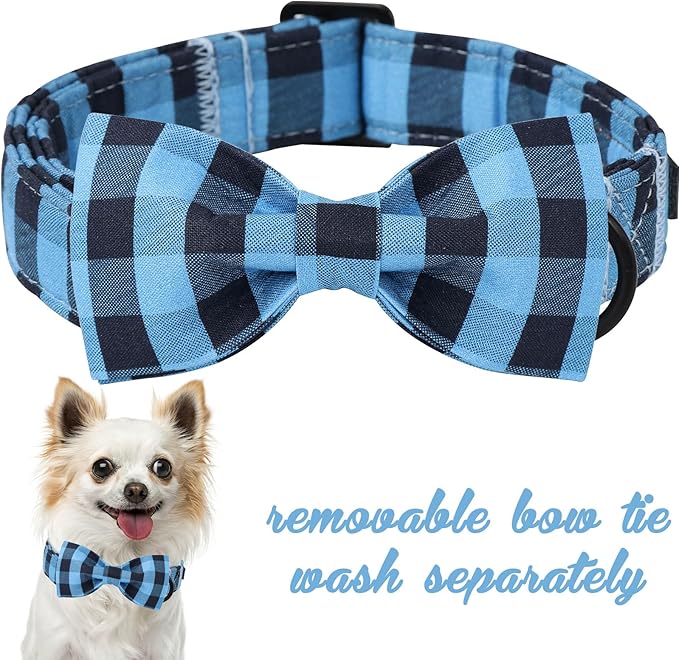 Unique style paws Cotton Dog Collar with Bow Puppy Collar with Black Blue Grid for Small Medium Large Boys Girls Dogs