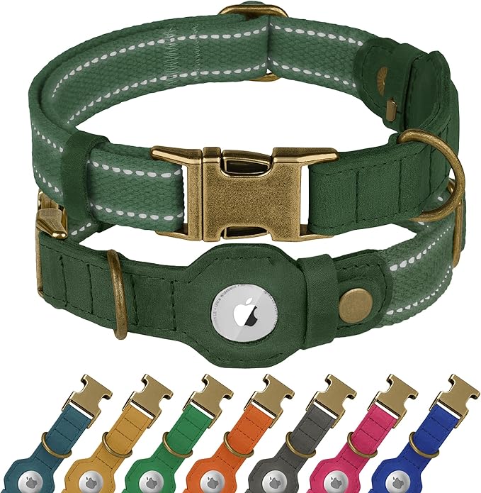 Reflective Leather Dog Collar with AirTag Holder - Soft Apple Airtag Dog Collar with Metal Buckle - Safety Cotton Pet Collars for Dogs Small Large Dogs Puppy (Hunter Green, XS, 9"-12")