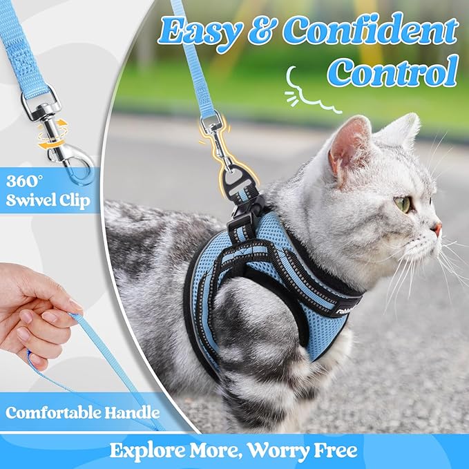 rabbitgoo Cat Harness and Leash Set for Walking Escape Proof, Adjustable Soft Kittens Vest with Reflective Strip for Cats, Comfortable Outdoor Vest, Light Blue, S