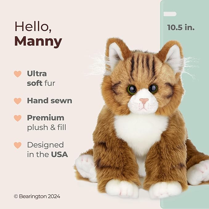 Bearington Cat Stuffed Animal - Ralistic Cat Plush Lifelike Tabby Kitty Suffy Maine Coon - Manny 10.5"