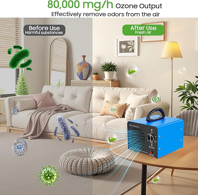 Amgwhhoo Ozone Generator Machine160,000mg/h, High Capacity Ozone Odor Eliminator Removal Air Purifier for Home Car Pet & Basement Odor, Suitable for Spaces up to 7,000 Square Feet, Blue