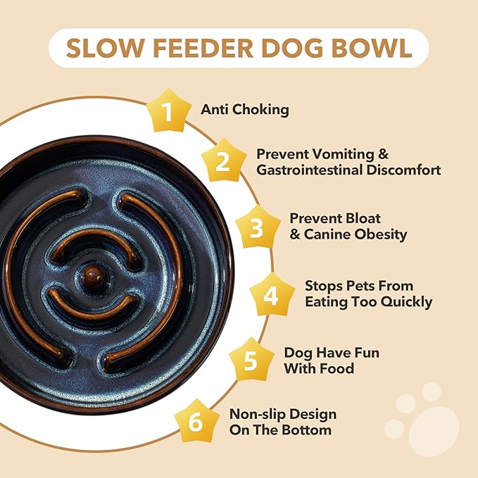 Ceramic 1.2 Cup Raised Slow Feeder Dog Bowl Set, Elevated 6.1inch Bowl and 7.3inch Dish with Acacia Wood Stand for Small and Medium Dog(2 x Starry Sky+ Stand)
