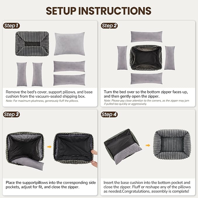 Washable Dog Bed for Small Medium Dogs - Rectangle Orthopedic Corduroy Fleece Pet Bed with Removable Cover and Nonskid Bottom, Calming Puppy Bed Soft Pet Sofa, Grey(20x19x6inchs)