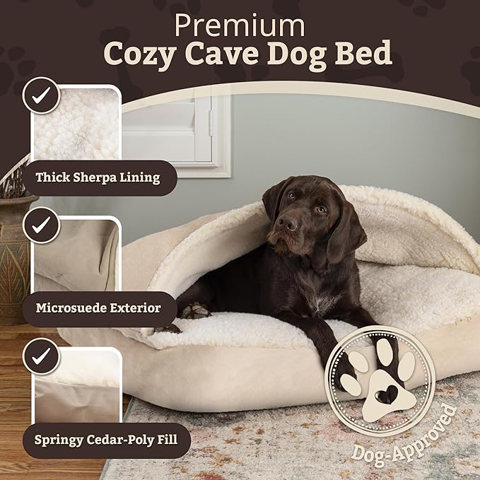 Snoozer Rectangle Cozy Cave Dog Bed - Indoor Dog Bed with Cover Cave, Covered Calming Burrow for Large Sized Pets with Blanket Attached, Enclosed, Washable Cover - XL, Buckskin