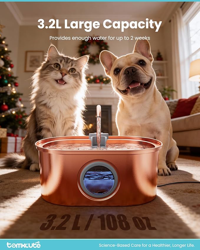 tomxcute Copper Cat Water Fountain-3.2L/108oz Cat Fountain for Drinking, Quiet Automatic Drinking Fountain for Cats, Dogs, Multiple Pets