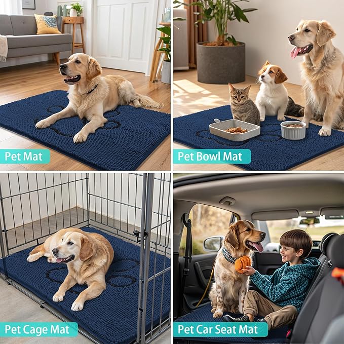 Smiry Dog Door Mat for Muddy Paws, Absorbent Dirt Trapper Non Slip Quick Dry Washable Chenille Mat for Mud Dogs, Entry Rug for Indoor and Outdoor (30x20 Inches, Dark Blue and Black)