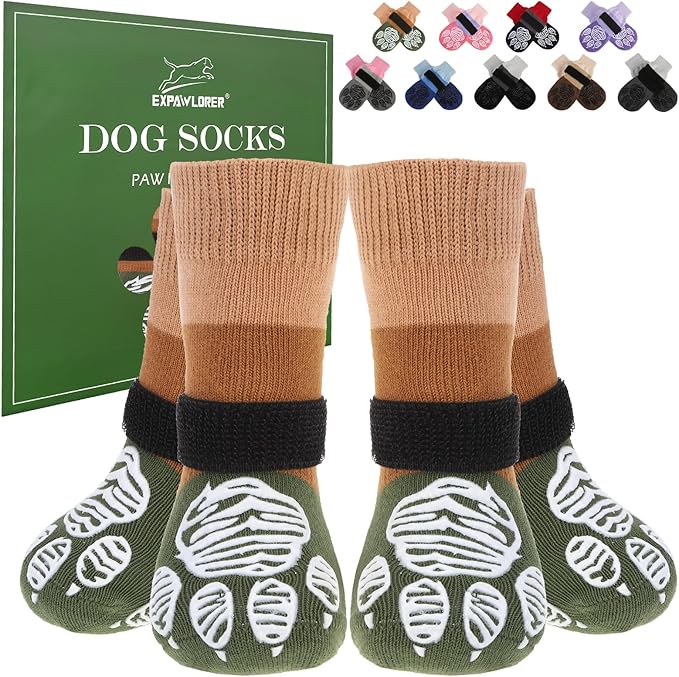 EXPAWLORER Anti Slip Dog Socks to Prevent Licking Paws, Dog Shoes for Cold Winter, Dog Booties for Hardwood Floors, Dog Boots & Paw Protectors with Grippers for Small Medium Large Senior Dogs XS