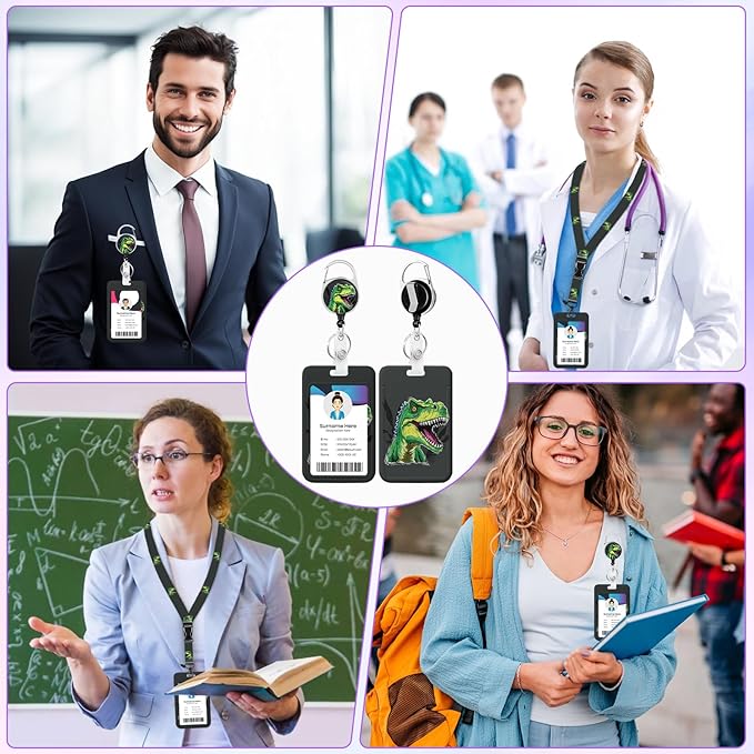 Cute Dinosaur ID Badge Holder with Lanyard, Retractable Lanyards for ID Badges Name Tag Clips, Funny Nurse Teacher Office Student Gift