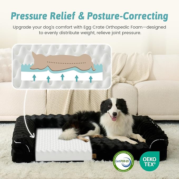 Faux Rabbit Fur Orthopedic Dog Bed, Large Dog Bed, Supportive Foam Pet Sofa with Waterproof Lining Cover, Washable U-Shaped Pet Couch with Anti-Slip Bottom Design, Black XL 42x30x7 inch