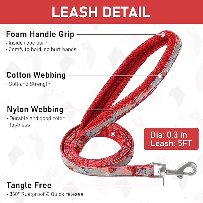 GAMUDA Small Dog Harness Collar and Leash Set, Step in No Chock No Pull Soft Mesh Adjustable Dog Vest Harnesses Plaid Reflective for Dogs Puppy Cats Kitten Rabbit (Red Flower, XL)