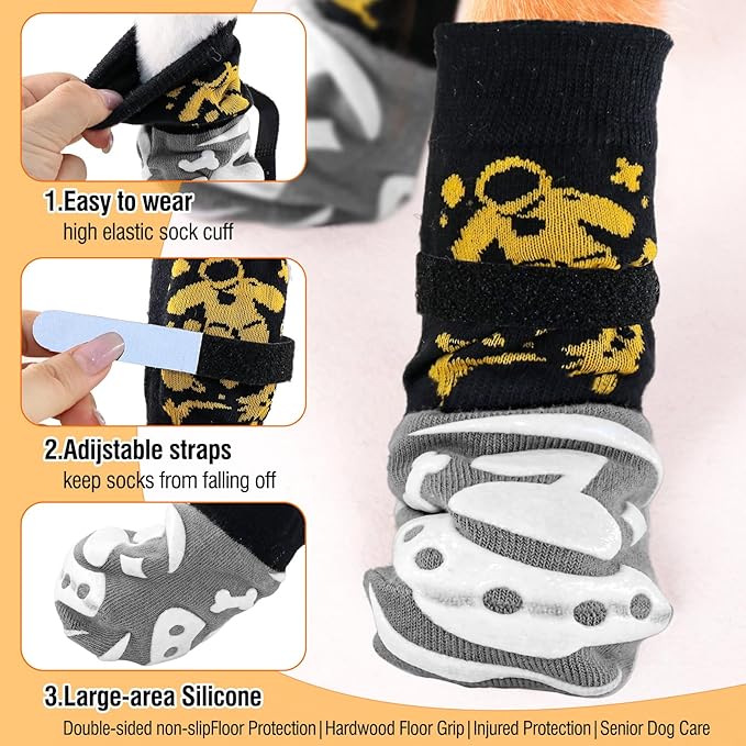 6 PCS Anti Slip Dog Socks to Prevent Licking Paws,Dog Paw Protector with Double Sides Grips,Traction Control on Hardwood Floor for Puppy Small Medium Large Senior Dogs