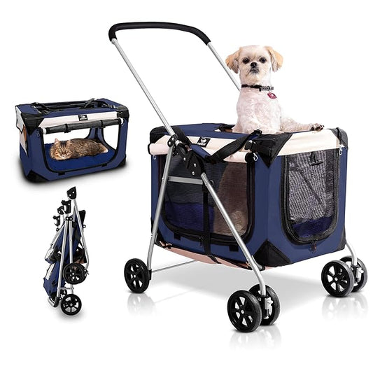 Pet Stroller, Fits 2 Cats, Small to Medium Dogs (Up to 45 Lbs), Detachable, Soft-Sided Pet Carrier, Collapsible, Includes Plush Pillow