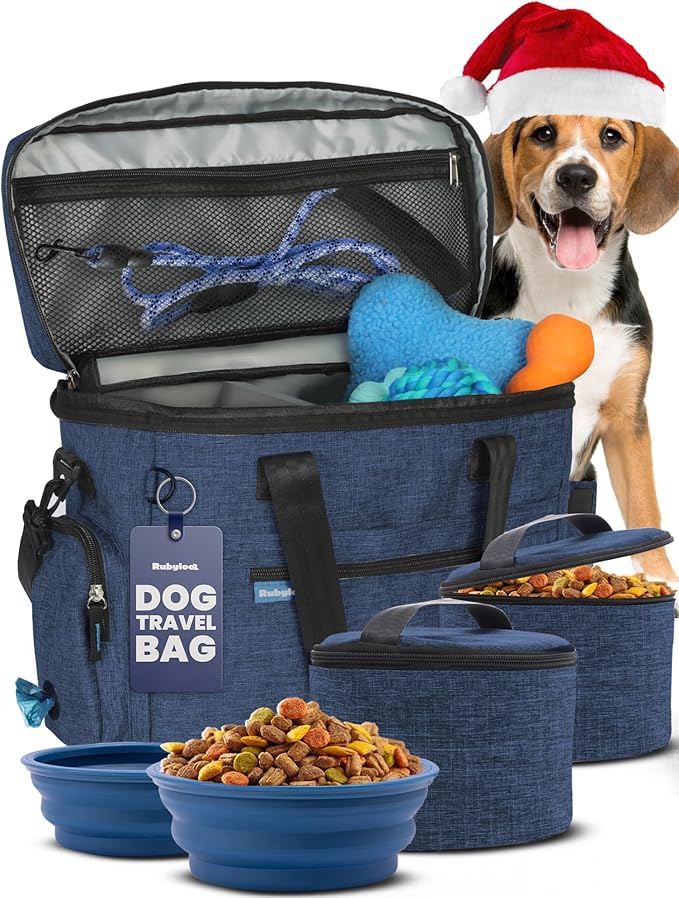 The Original Doggy Bag™- Dog Travel Bag for Supplies - Ultimate Gift for Dog Moms & Dads, Doggy Lovers & Pet Owners for Christmas- Includes 2 BPA-Free Travel Bowls and 2 Food Containers: Navy