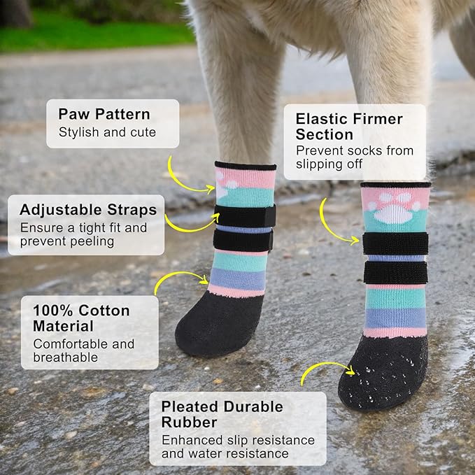 BEAUTYZOO Anti Slip Dog Socks Boots, Dog Shoes for Hot/Cold Pavement Snow Rain Days,Waterproof Grip Dog Booties Paw Protector for Hardwood Floor, Prevent Licking for Small Medium Large Senior Old Dogs