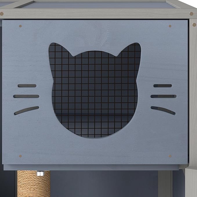 Large Wooden Cat House on Wheels, Indoor Cat Villa with Condo, Multi Platforms, Scratchers, Vent, Litter Box Area, Clear Doors, Cat Cage Enclosure for Kittens & Adult Cats (Gray)