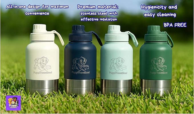 PuppyTravelBowl 3-in-1 Portable Dog Water & Food Bottle, 32oz Leak-Proof Travel Bowl for Pets – Ivory